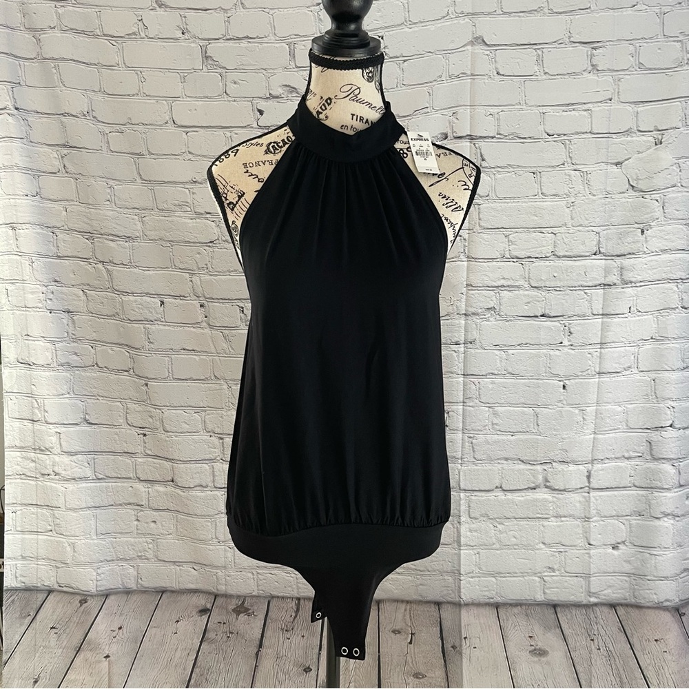Express Button High Halter Neckline And Ruched Front Black Snap Closure Sz XS